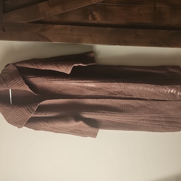 171.  OVERSIZED MAXI Brown Cardigan Chunky Long Cable Rib tweed Fuzzy sweater - Picture 9 of 9